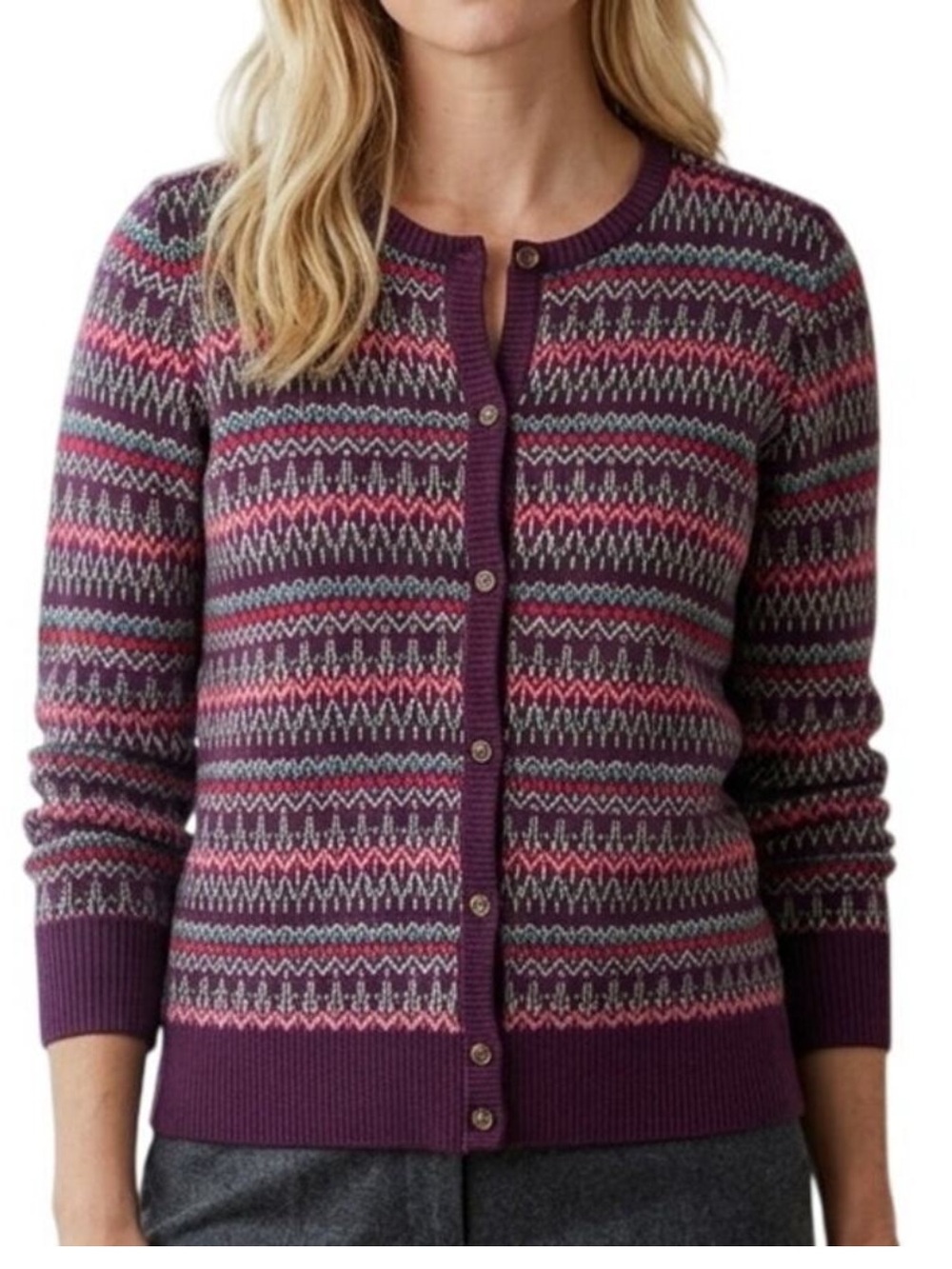 L.L. Bean Cotton Cashmere Purple Fair Isle Button-Down Cardigan, Women's Large